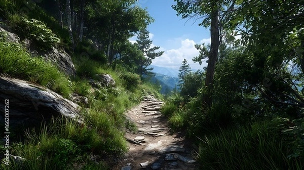 Fototapeta A winding mountain trail leads through lush greenery under a bright blue sky with scattered white clouds