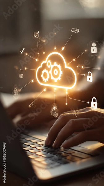 Fototapeta Person typing on laptop with bright orange cloud computing icon and network of icons technology data