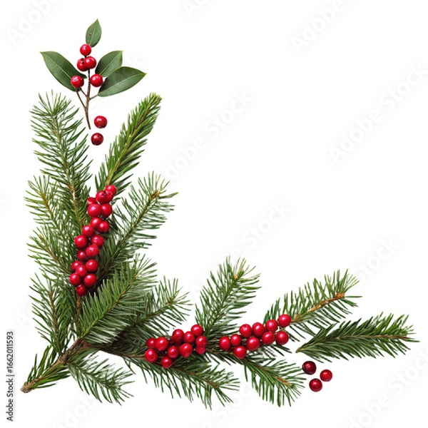 Fototapeta Green Christmas pine twigs and red berries of winterberry holly in a corner arrangement PNG green pine branches with red berries winter holiday decoration nature-themed transparent background image