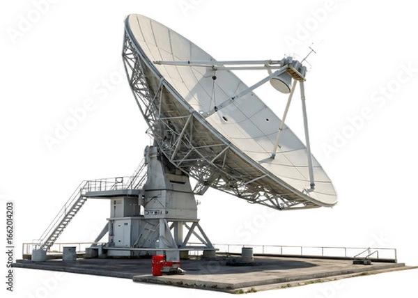 Fototapeta Large radio telescope dish for space communication and astronomy research on a concrete platform with stairs and metal structure