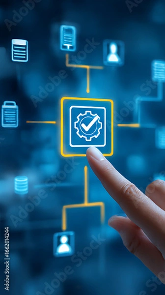 Fototapeta Person's finger pressing a glowing gear icon with a checkmark in a digital network diagram technology
