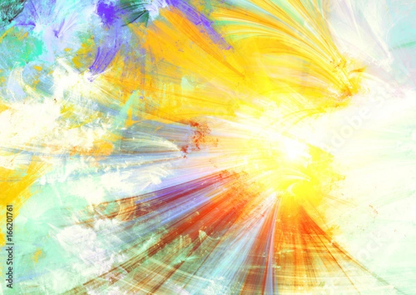 Fototapeta Summer sun. Abstract bright color painting texture in lighting effect. Modern artistic motion background and flash. Fine futuristic pattern. Fractal artwork for creative graphic design