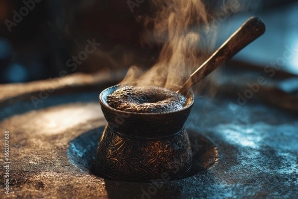Fototapeta Coffee bubbling in pot on sand. Leisure/relaxation. Blurred background. Cafe use