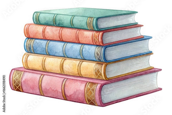 Fototapeta A stack of five vintage watercolor books with colorful spines isolated on transparent background