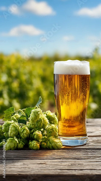 Fototapeta Refreshing Golden Beer in a Tall Glass with Fresh Hops and Blurred Green Field Background graphic