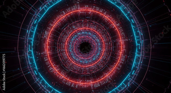 Fototapeta Abstract concentric circles of glowing neon lines, a dark tunnel with red and cyan lights drawing in