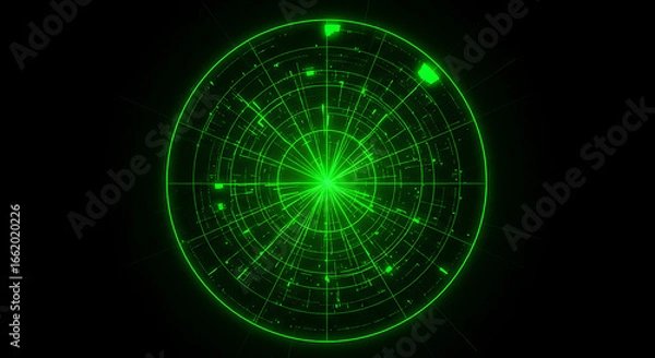 Fototapeta Bright green radar display on a black background featuring concentric circles and radial lines.