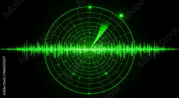 Fototapeta Circular green radar screen with sweeping arm showing detected signal, displayed on a black background.