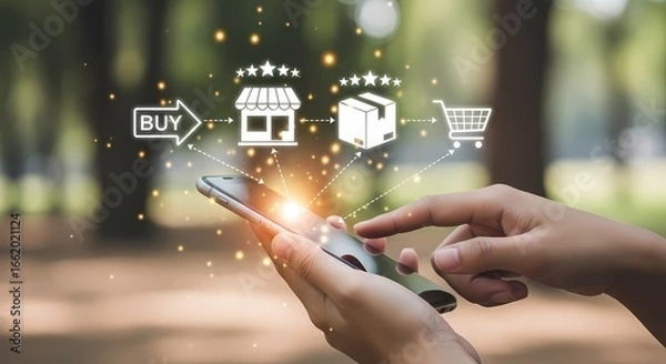 Fototapeta Business professional's hand holds a digital smartphone with social network icons, symbolizing global connection and communication