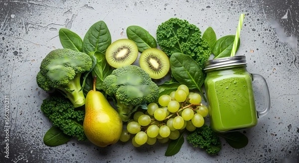 Fototapeta Fresh, organic vegetables like tomatoes, peppers, and cucumbers are arranged on a kitchen table and in a glass jar