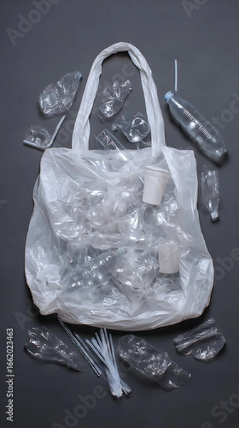 Fototapeta White plastic bag filled with crumpled plastic bottles cups and straws on dark gray background waste