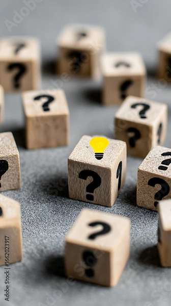 Fototapeta Wooden cubes with question marks and one illuminated lightbulb on a textured surface light bulb idea