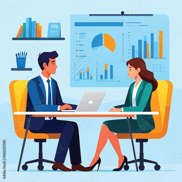 Fototapeta Vector illustration of a man and woman in a business meeting, analyzing charts and graphs for corporate strategy and financial planning.
