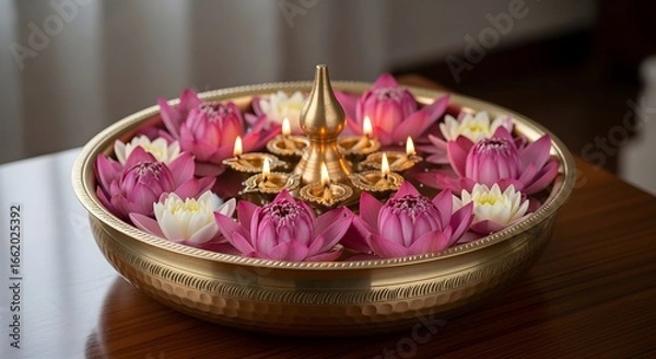 Obraz Lotus flowers arranged in brass uruli centerpiece with floating diya lamps.
