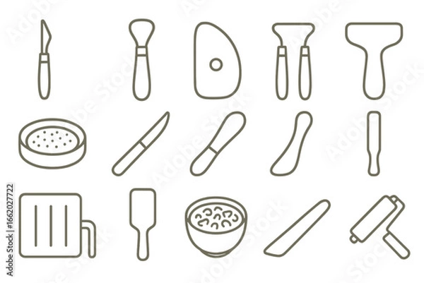 Fototapeta Antique Sculpting Tools. Line style icons of antique sculpting tools: clay modeling tool, loop tool, rib tool, wire cutter, sponge