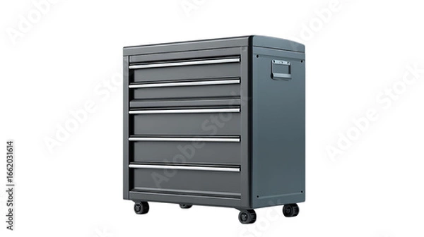 Fototapeta Png of A sleek gray tool chest on wheels, featuring five spacious drawers for organized storage in a workshop or garage.