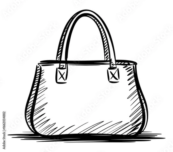 Fototapeta Black and white sketch illustration of handbag in hand drawn vector style