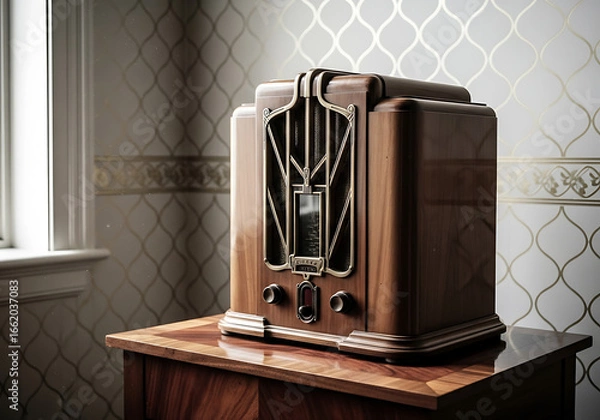 Fototapeta Vintage 1920s Art Deco Radio on a Table with Geometric Wallpaper