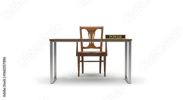 Fototapeta Empty Wooden Chair Behind Modern Desk with Power Sign on White Background