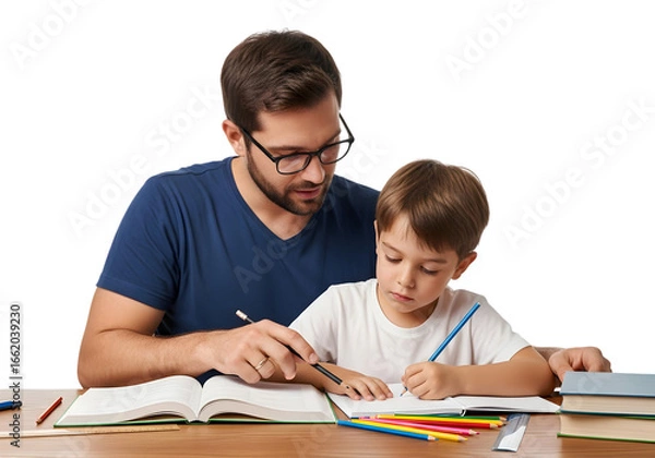 Fototapeta Caring adult patiently assisting a young, bright boy with his studies and homework, guiding him through educational tasks, fostering a love for learning and intellectual development
