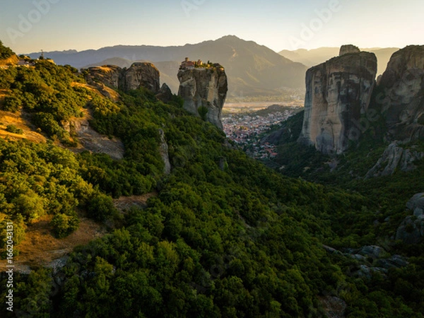 Fototapeta Meteora Monasteries at Sunset Aerial View of Greece's Cliffside Heritage