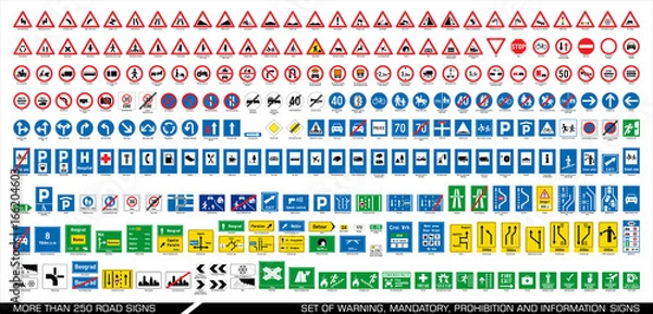 Obraz Ponad 250 znaków drogowych. Zbiór znaków ostrzegawczych, nakazowych, zakazowych i informacyjnych. Europejska kolekcja znaków drogowych. Ilustracji wektorowych.