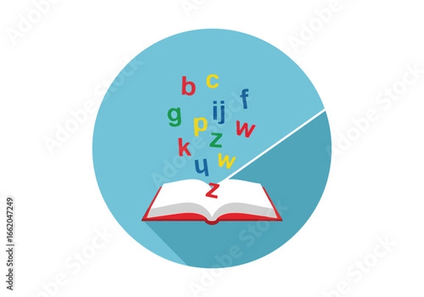 Fototapeta Vector illustration of an open book with colorful letters flying out, symbolizing the learning of language and the joy of reading, in a flat design