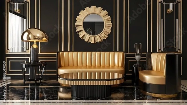 Fototapeta Art deco style interior design of modern living room with black wall and golden decor pieces. Created with generative AI