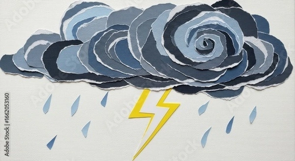 Fototapeta Paper Collage of a Storm Cloud with Rain and Lightning.