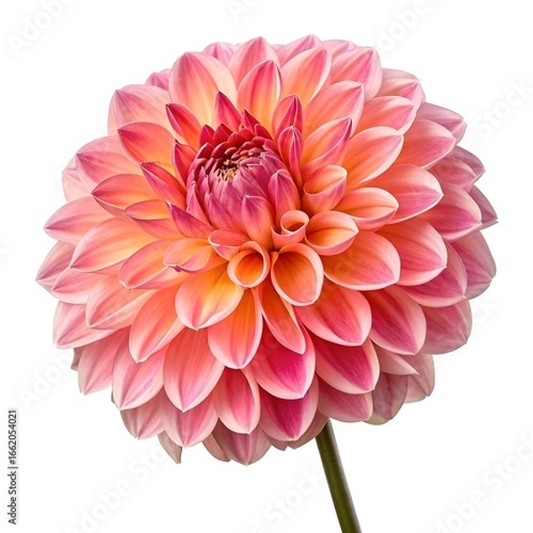 Fototapeta Pompon Dahlia Perfectly Rounded and Glossy Bloom with Dense Layered Petals in Bright Vibrant Colors on Pure White Background, Showcasing Freshness, Elegance, and Natural Charm