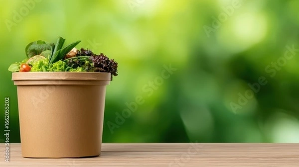 Fototapeta Freshly harvested vegetables in a brown pot on a wooden table with a blurred green background