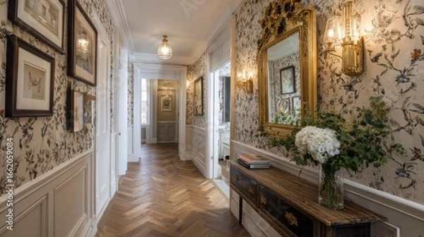 Fototapeta Elegant Vintage Hallway with Floral Wallpaper and Intricate Patterned Design, Showcasing Heritage and Timeless Inspiration