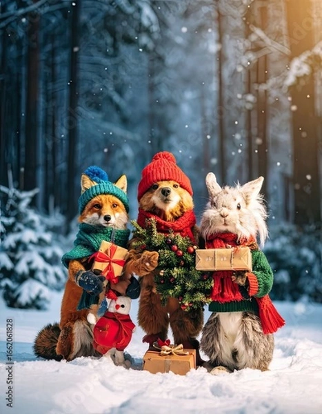 Fototapeta Fox, Dog, Rabbit in Snowy Forest, Holiday Scene, Cheerful Atmosphere, Whimsical View
