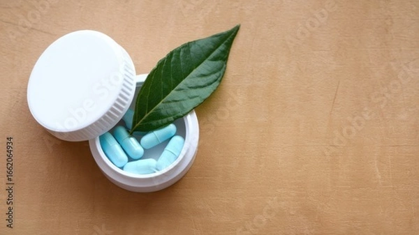 Fototapeta Top view of pills with container and copy space.