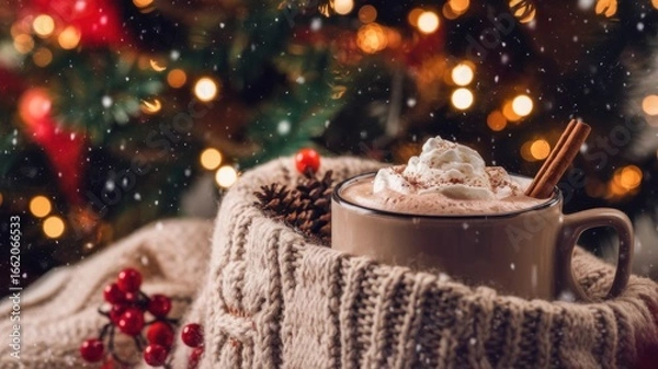 Fototapeta On a knitted scarf is a mug filled with hot chocolate with whipped cream and a stick of cinnamon. Background with the image of a Christmas tree and various garlands. A photo with a place for the text.