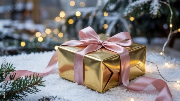 Fototapeta A golden gift box wrapped in a pink ribbon with a bow, which lies in a pile of snow. There are branches of a Christmas tree in the background. A photo with a place for the text.
