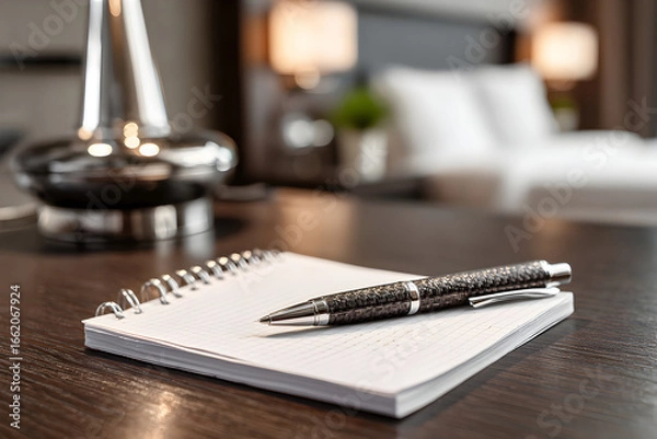 Fototapeta A spiral notebook and pen on a dark wooden table.