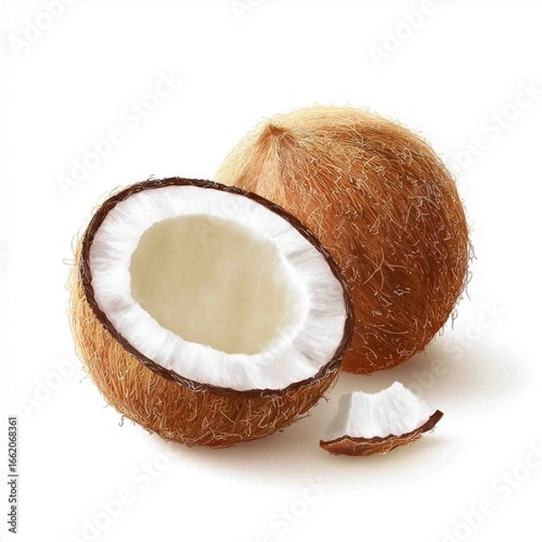 Fototapeta Tropical Treasure: A macro shot of a whole coconut, and a half-cut coconut with a slice. Emphasizing the natural texture, inviting the viewer to experience the tropics.