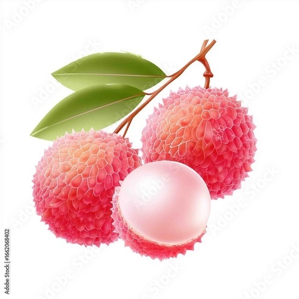 Fototapeta Litchi Fruit: A luscious trio of ripe litchi fruits, bursting with juicy sweetness and tropical charm, sit with their vibrant leaves, a visual feast for the senses.