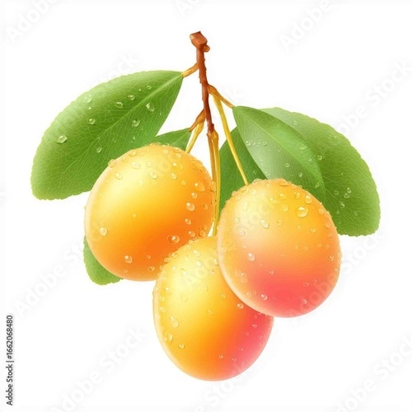 Fototapeta Golden Plums Delight: A close-up view showcases a cluster of ripe plums, their golden skins glistening with morning dew, attached to a leafy branch, evoking freshness and the bounty of nature.