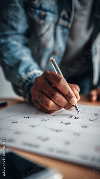Fototapeta Close up of a person's hand writing on a calendar with a pen marking a date planning