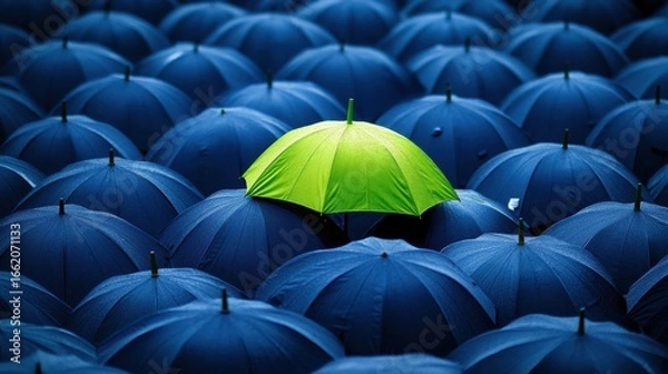 Fototapeta A single bright green umbrella stands out amongst a sea of dark blue umbrellas, symbolizing individuality and resilience against the rain
