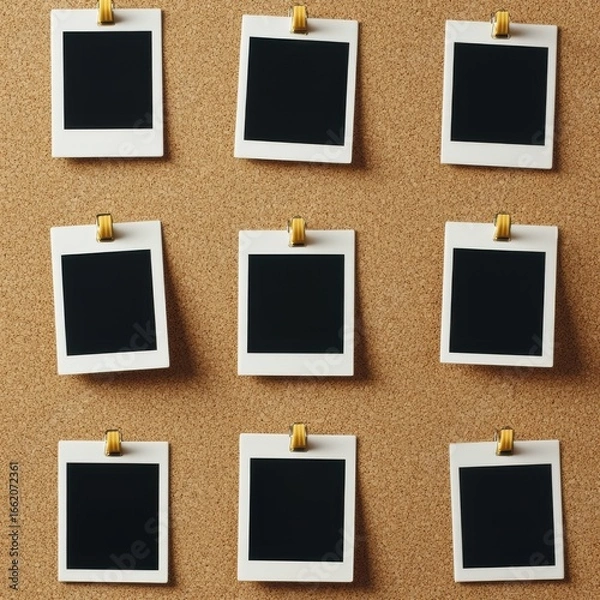 Fototapeta Nine blank instant photo frames attached with clips to a cork board, creating a vintage display of memories