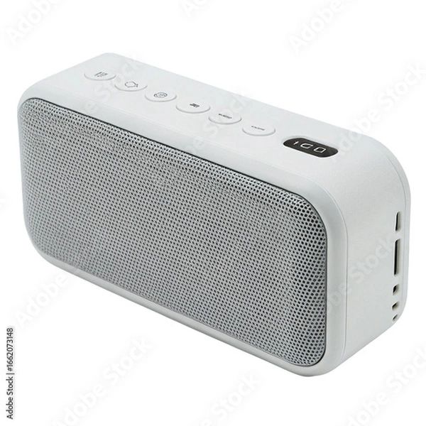 Fototapeta White rectangular speaker with gray mesh front, rounded corners on black