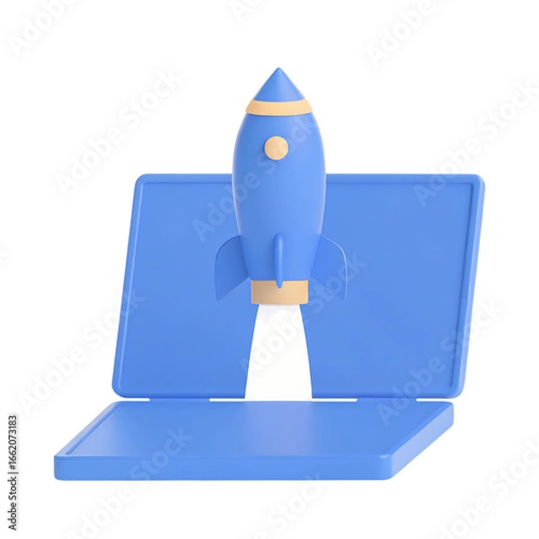 Obraz Blue rocket launching from laptop symbolizing startup growth innovation and success