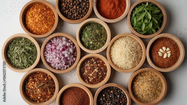 Obraz A top-down view of a wooden oval spice and condiment board with 12 individual compartments arranged in a circular pattern.