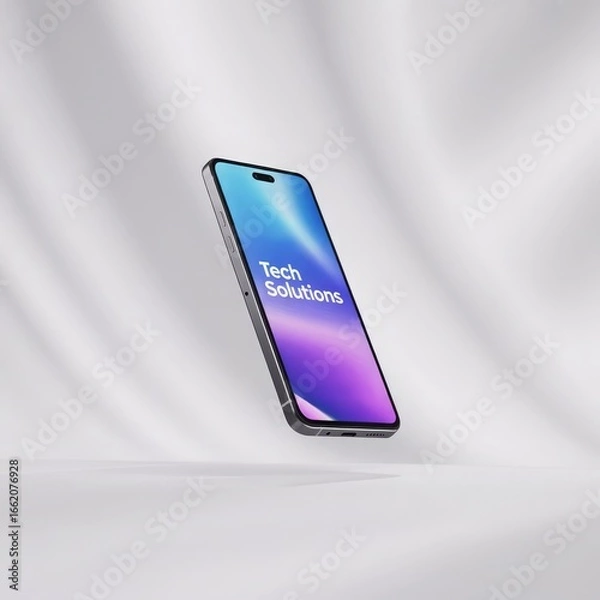 Fototapeta Silver smartphone floating with blue purple gradient screen