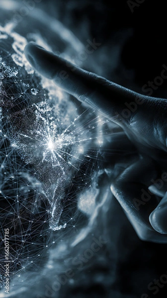 Fototapeta Close-up of a hand interacting with a luminous digital representation of Earth with data connections