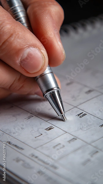 Fototapeta Close-up of a hand using a silver pen to mark a date on a paper calendar or planner marking circling
