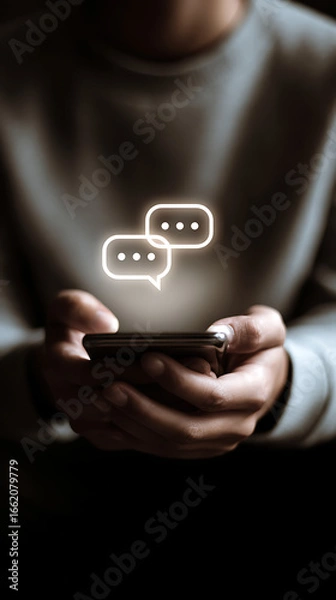 Fototapeta Close-up of a person holding a smartphone with glowing chat bubbles appearing above the screen communication